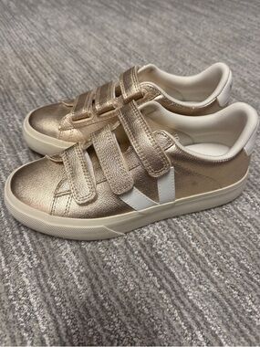 Veja Women's Metallic Gold Hook-and-Loop Sneakers with White V